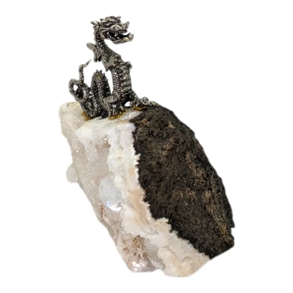 Vintage Pewter Dragon On Quartz Crystal Black Rock White Veining